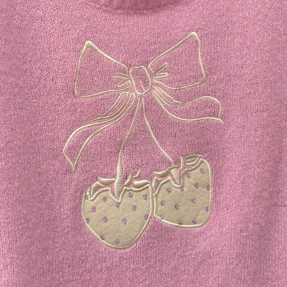 Cute light pink sweater with strawberry bow, juniors large - Picture 3 of 8